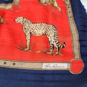 VTG Jim Renoir Wild Cats Italy-Made Blue & Red  Short Fringe 45x45" Square Scarf